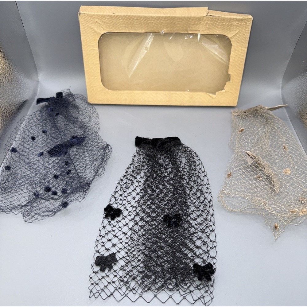 Set 3-1950's VELVET BOW & NETTING HAT‎ HEADPIECE BIRDCAGE VEIL Original Box